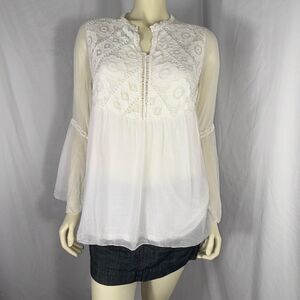 Made in Italy 100% Silk Lace Boho Blouse Sheer Bell Sleeve Peasant Top Romantic